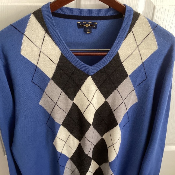 Men’s Club Room Blue, White, Black Argyle V Neck Sweater Size XL - Picture 2 of 6